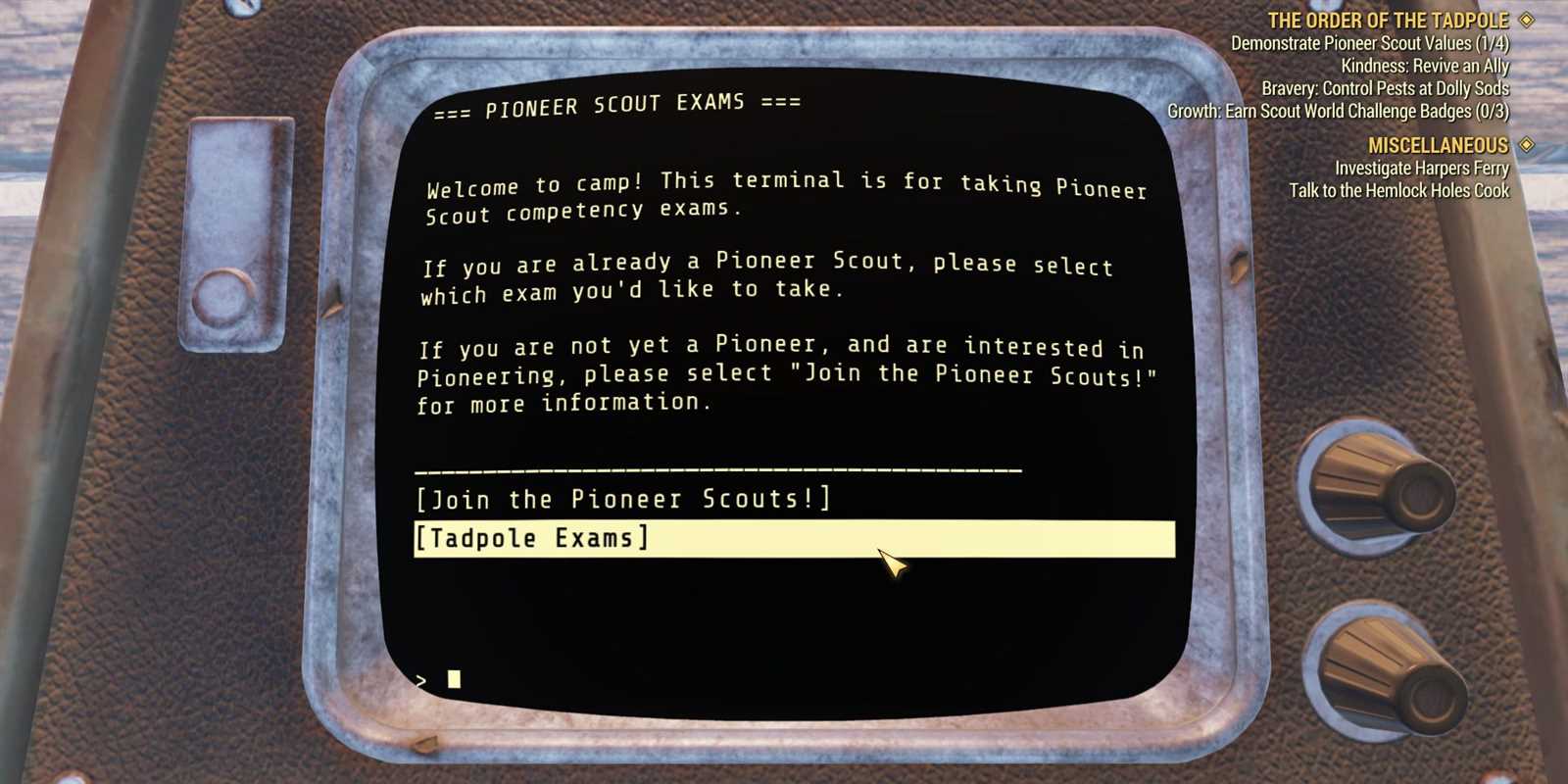 fallout 76 pioneer scout hunter exam answers