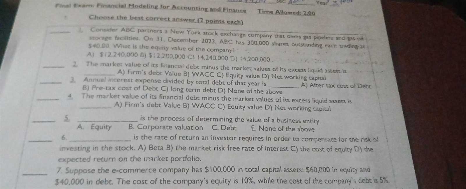 financial accounting final exam with answers