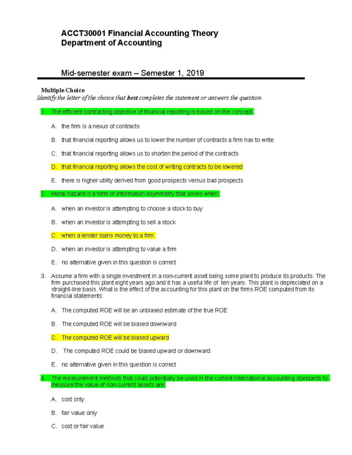 financial reporting exam questions and answers