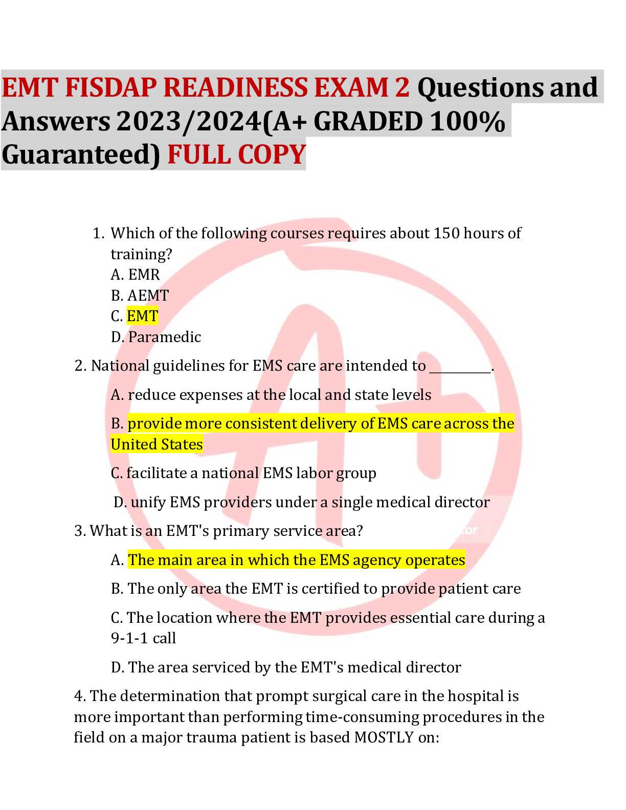 fisdap emt exam answers