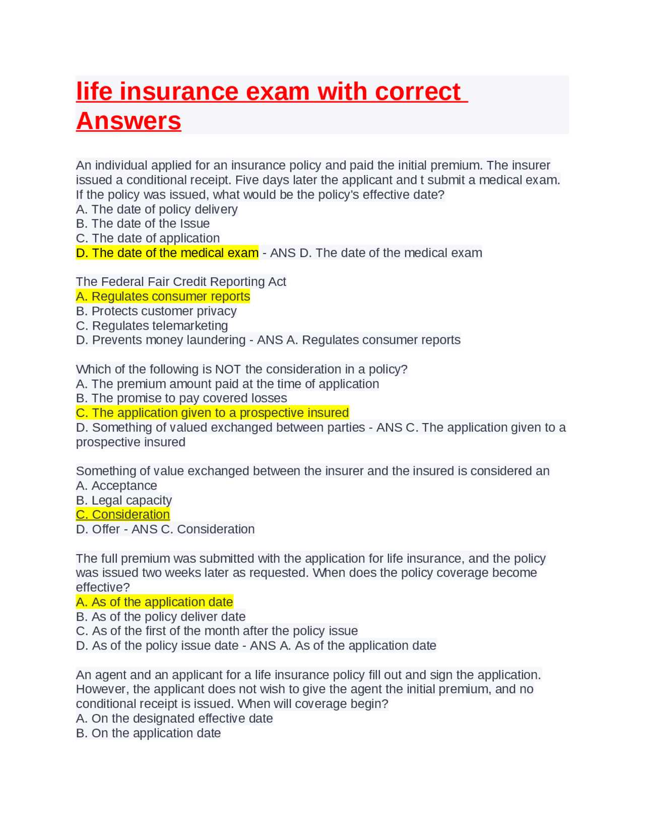 florida life insurance exam questions and answers