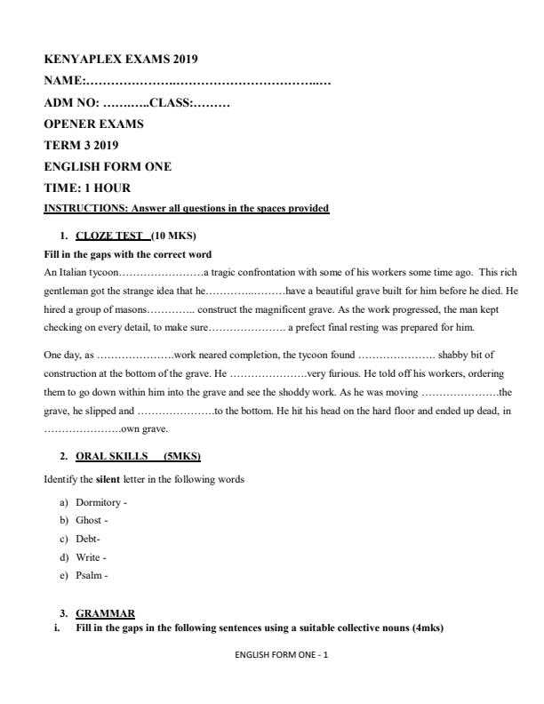 form 1 english exam paper with answer hk