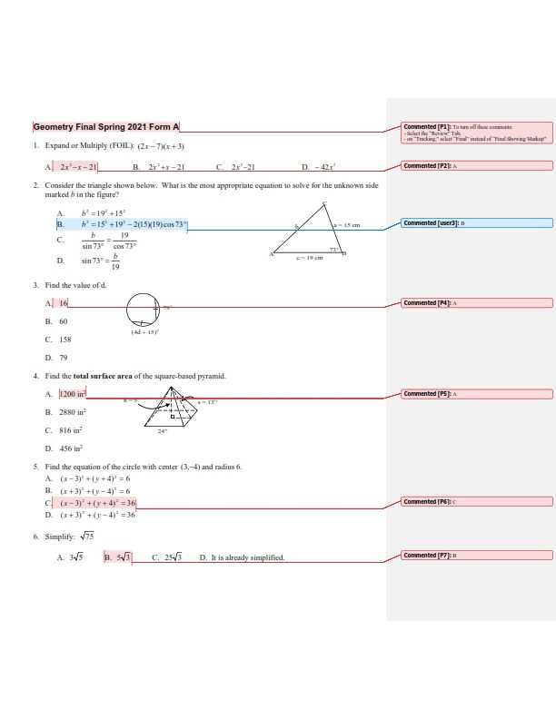 geometry spring final exam answers