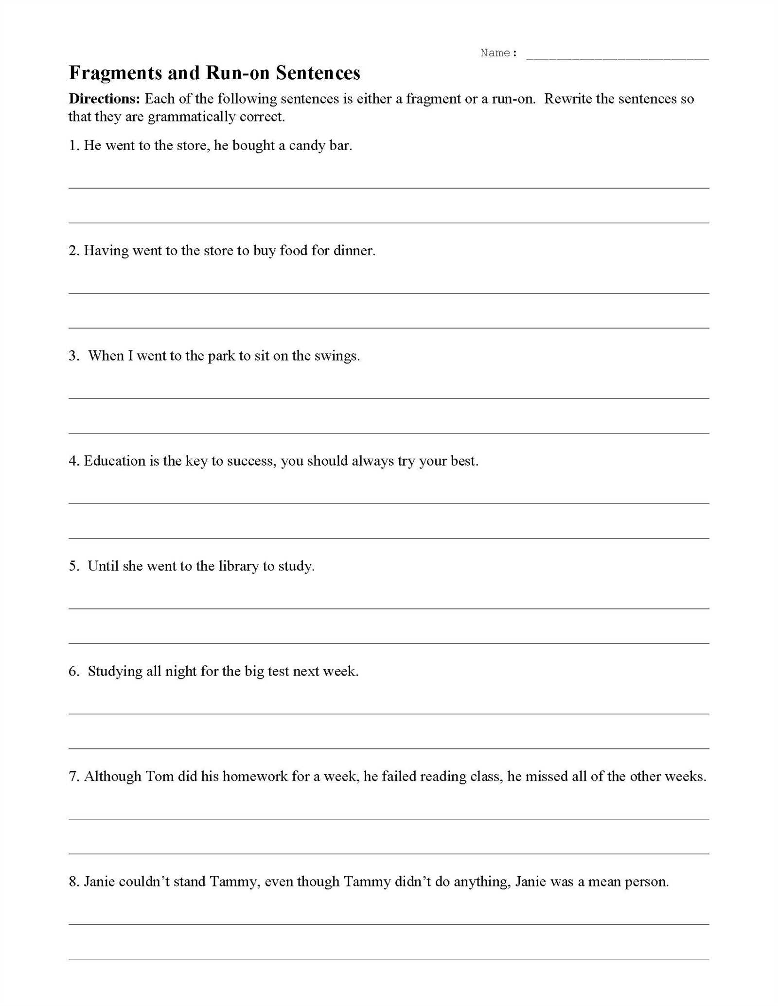 grammar worksheets sentence fragments answers