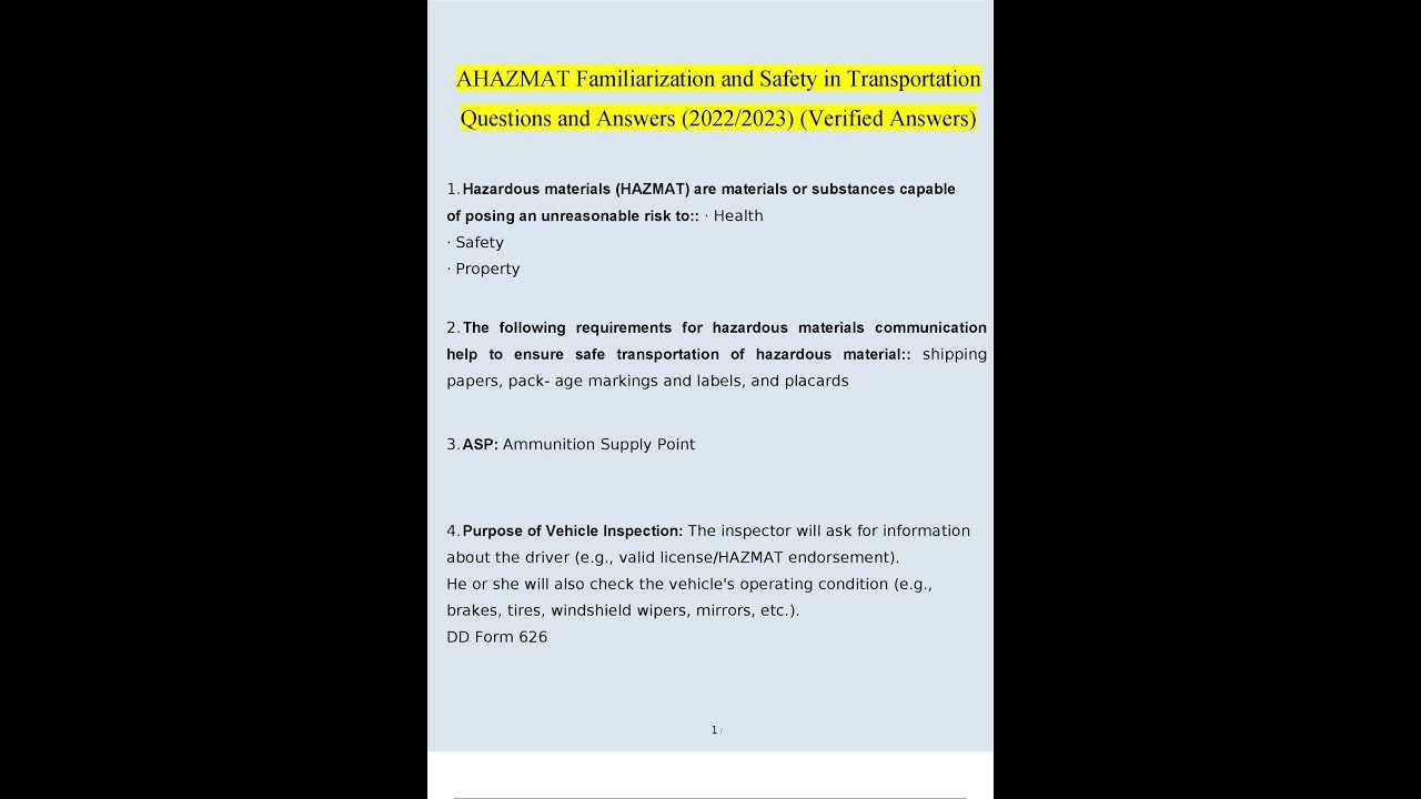 hazmat familiarization and safety in transportation exam answers