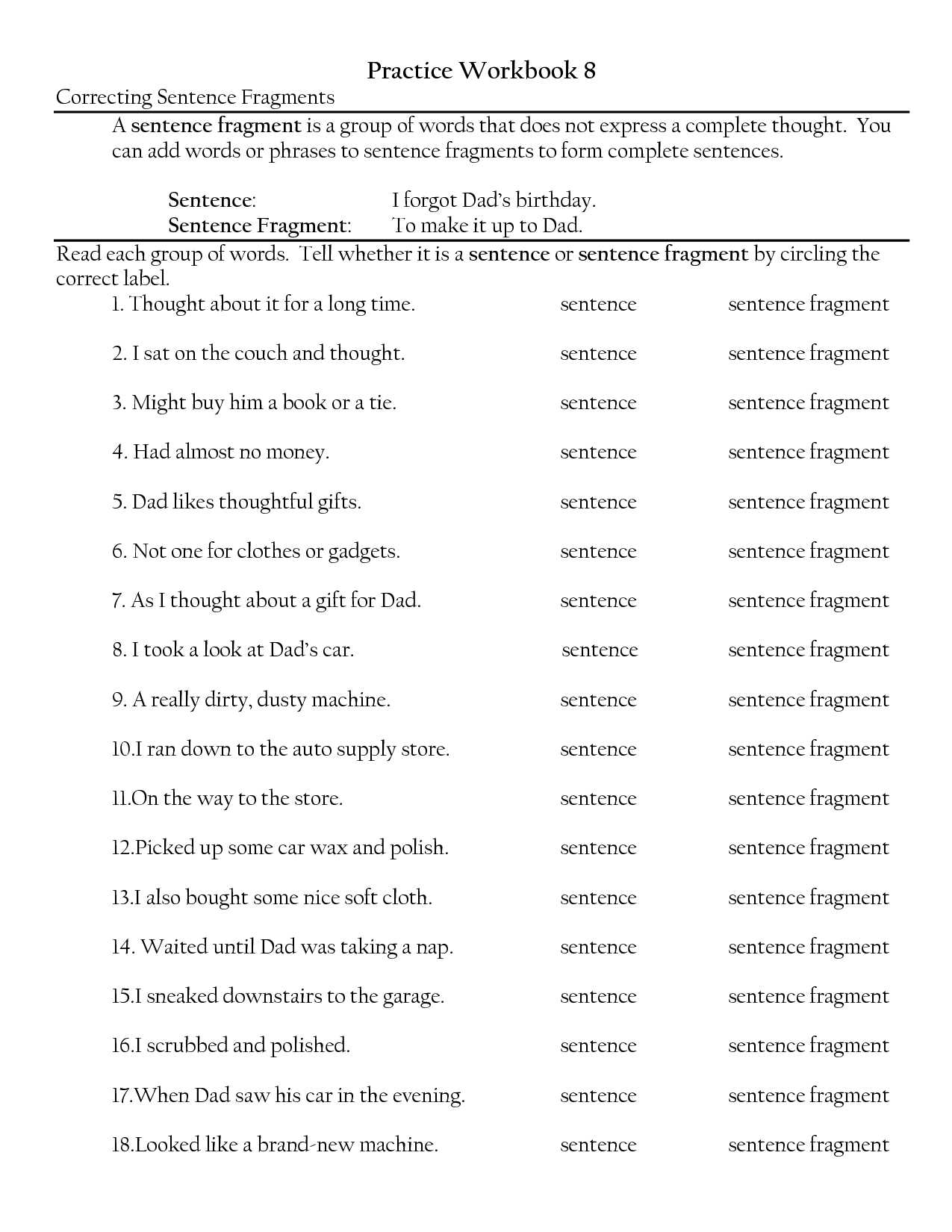 identifying sentence fragments answers