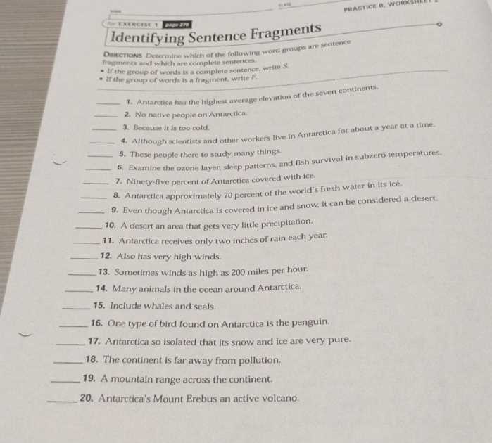 identifying sentence fragments practice a worksheet 1 answers