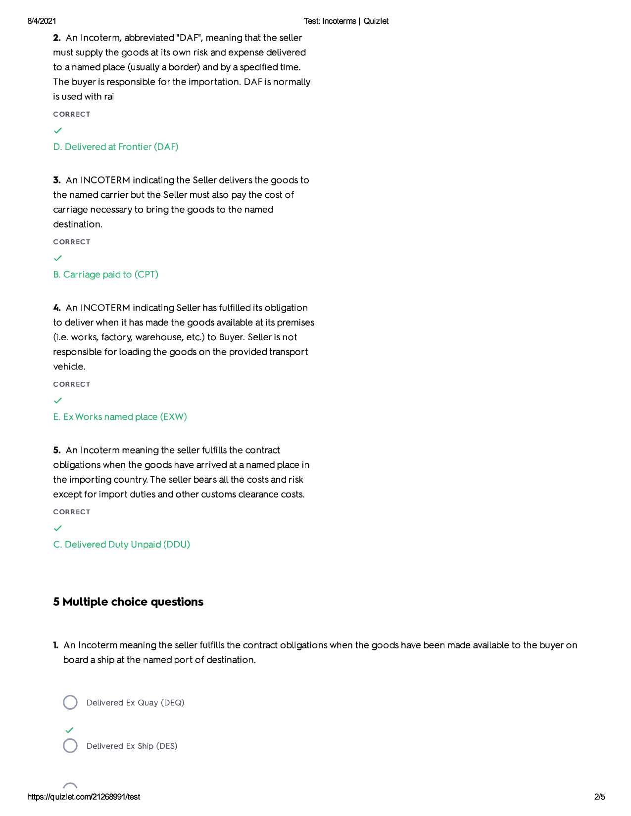 incoterms exam questions and answers