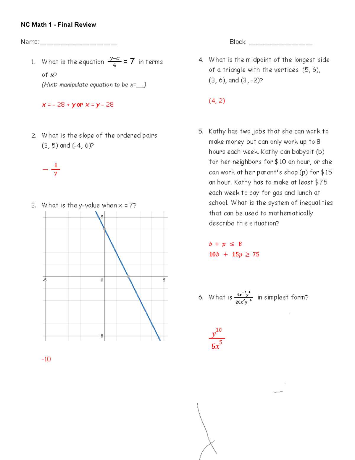 integrated math 1 semester 1 final exam review answers