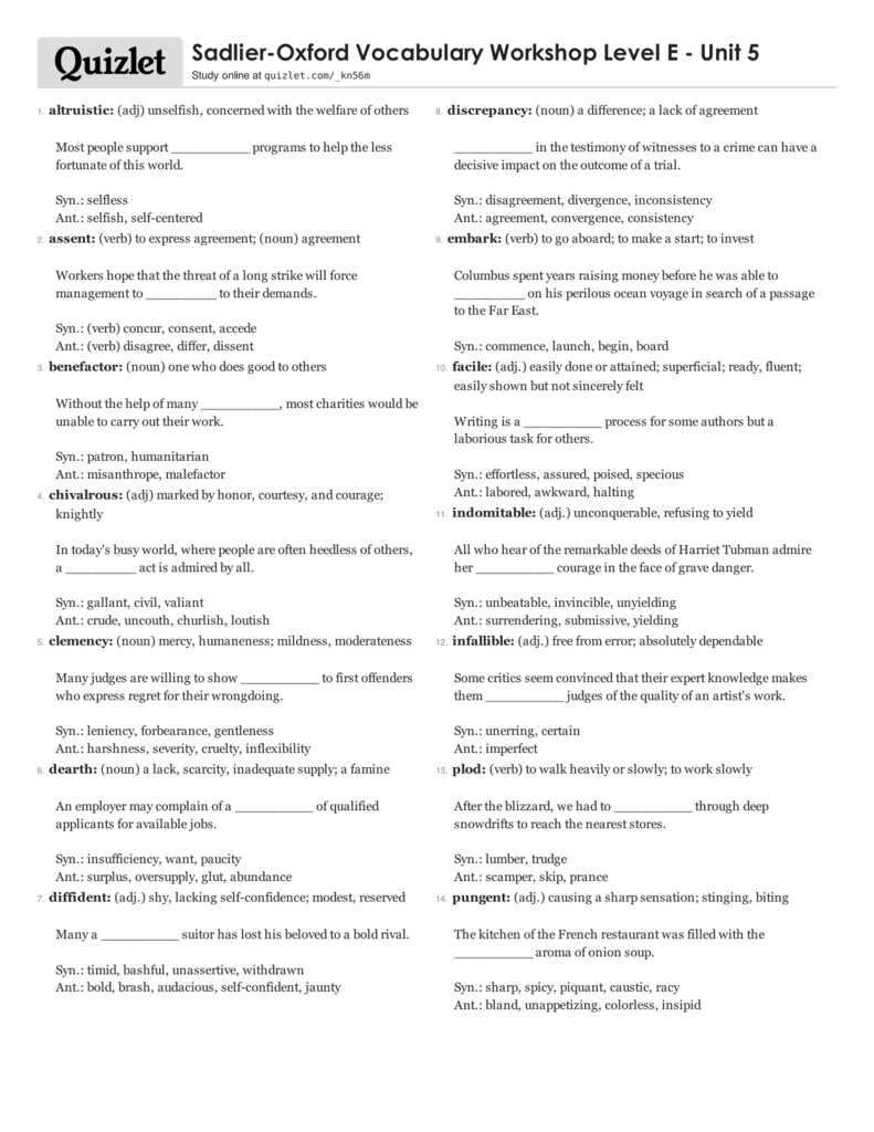 level e unit 5 vocab answers