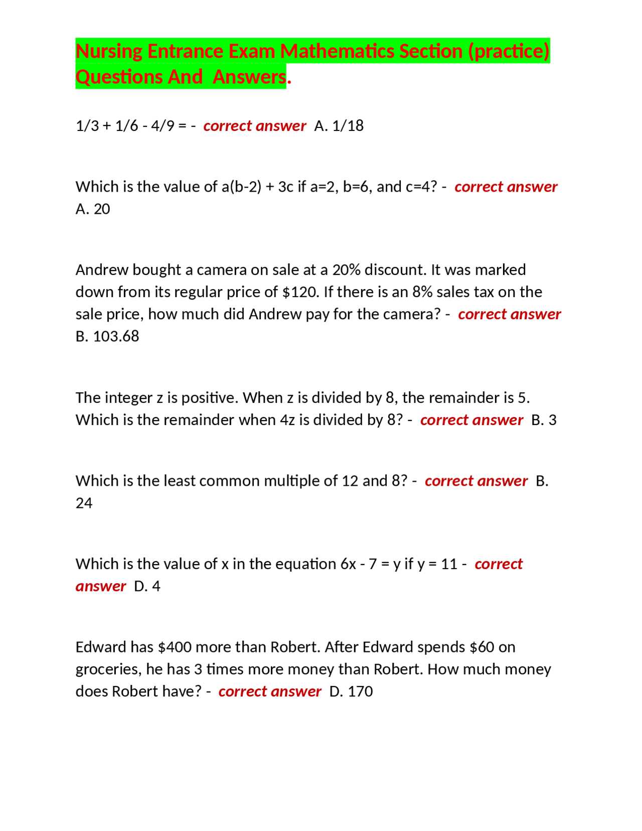 math entrance exam questions and answers