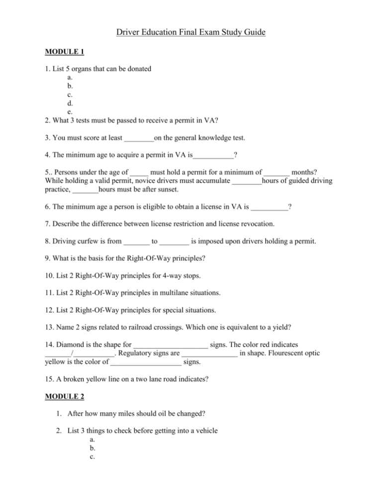 module 1 drivers ed answers