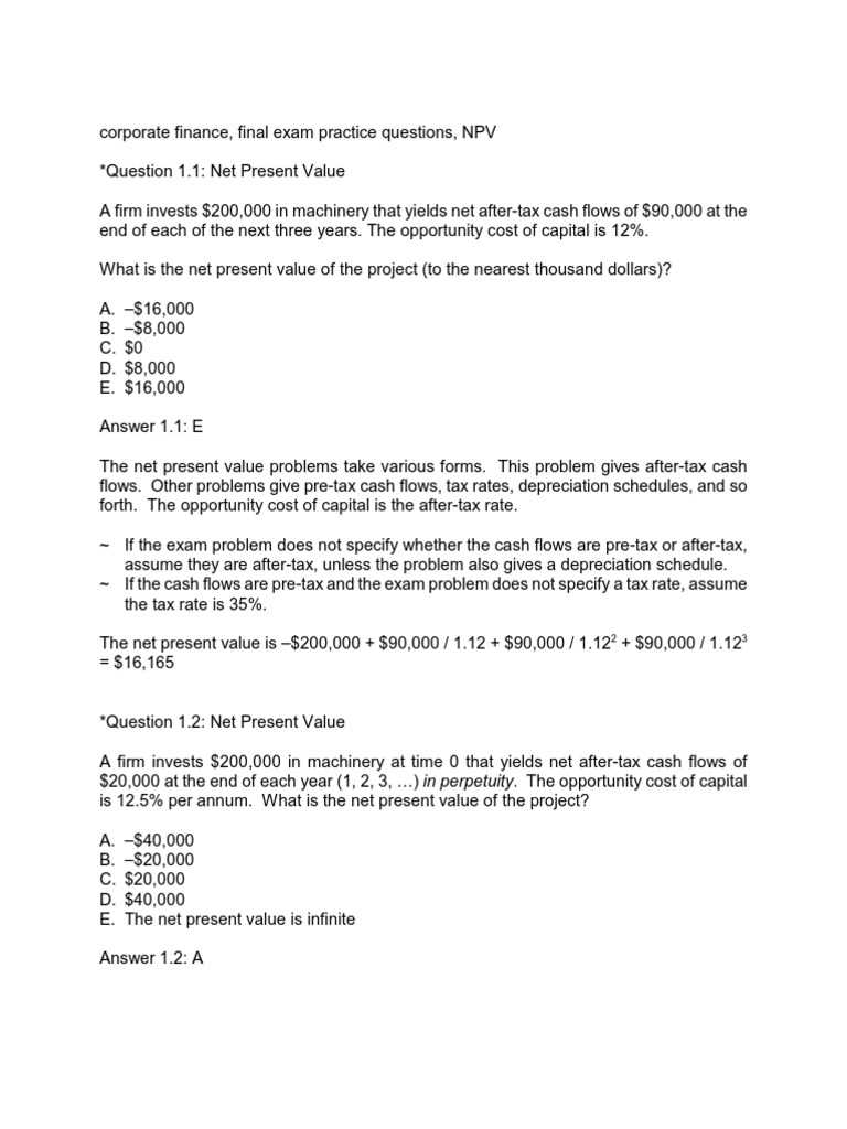 net present value exam questions and answers