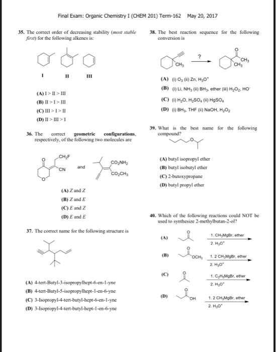 organic chemistry final exam answer key