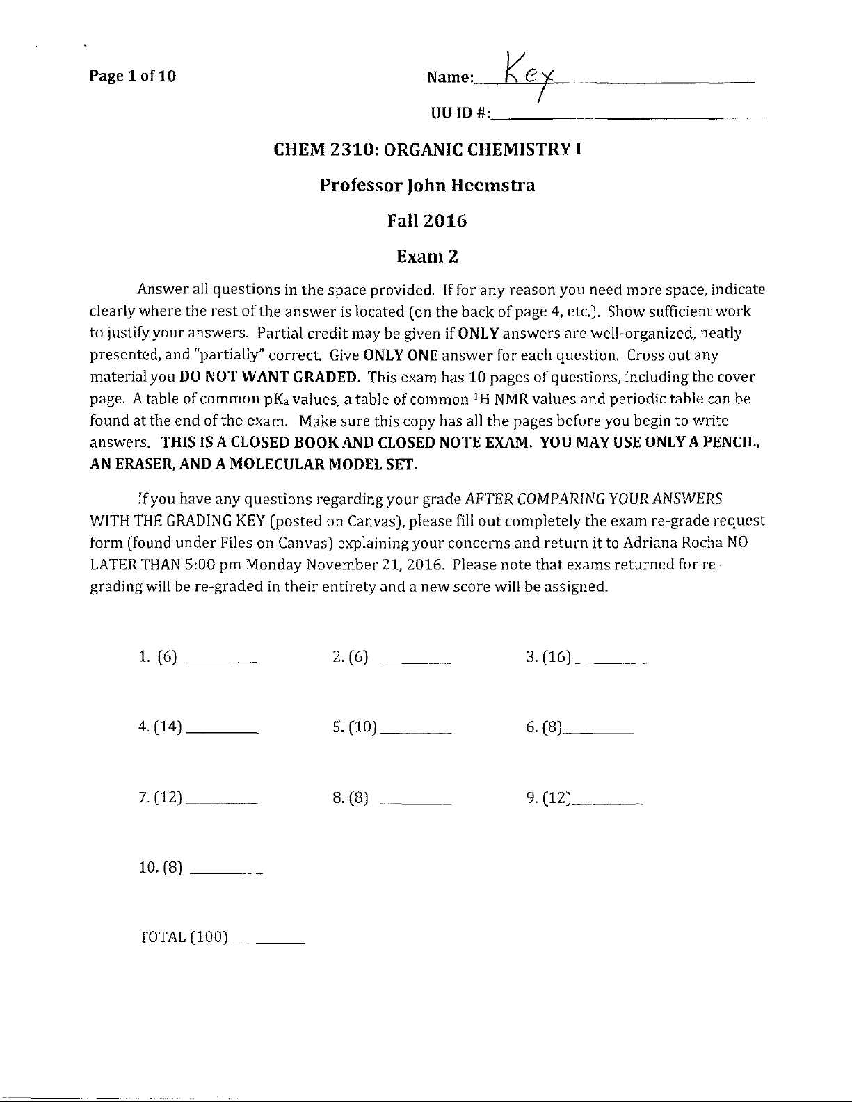 organic chemistry final exam answer key