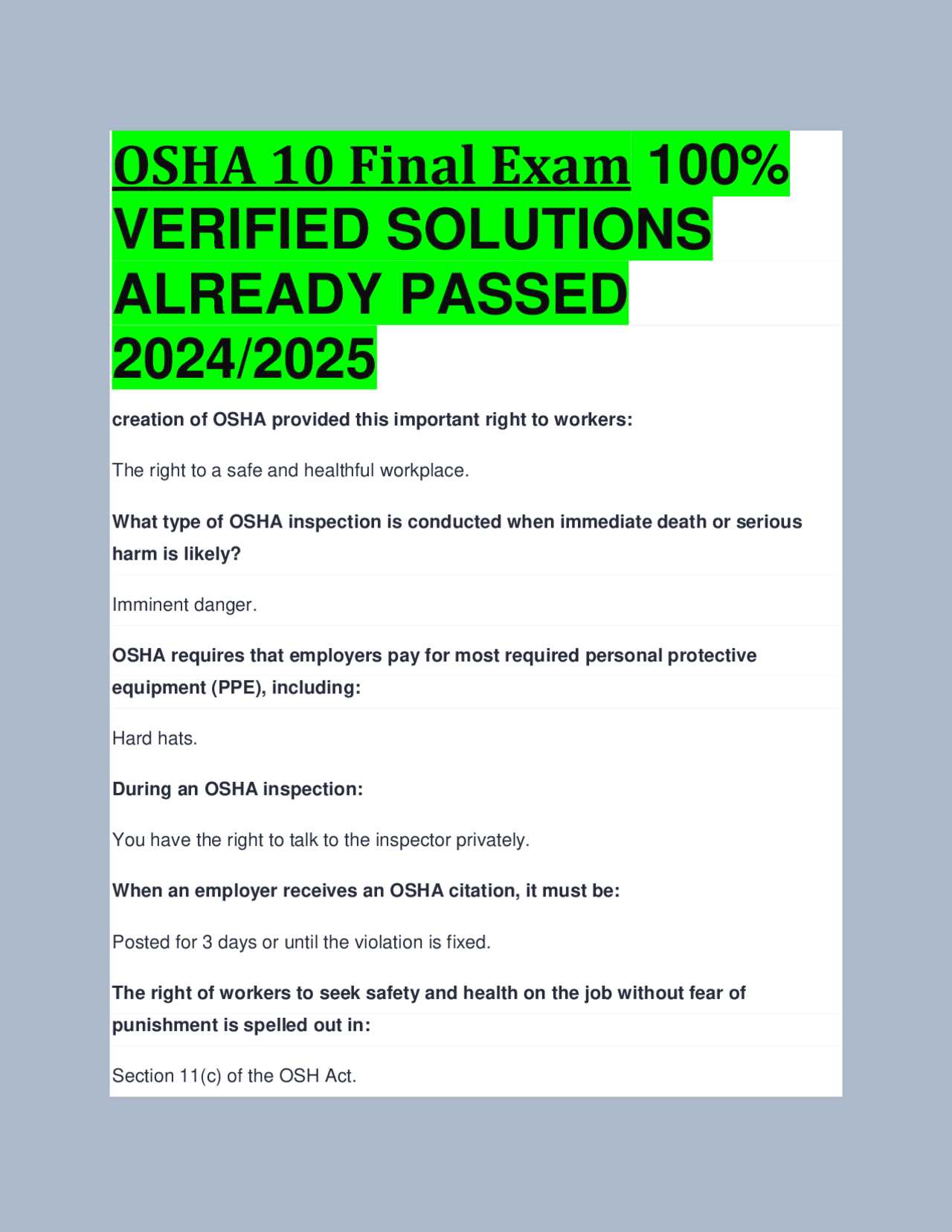 osha 10 final exam answer key 2025