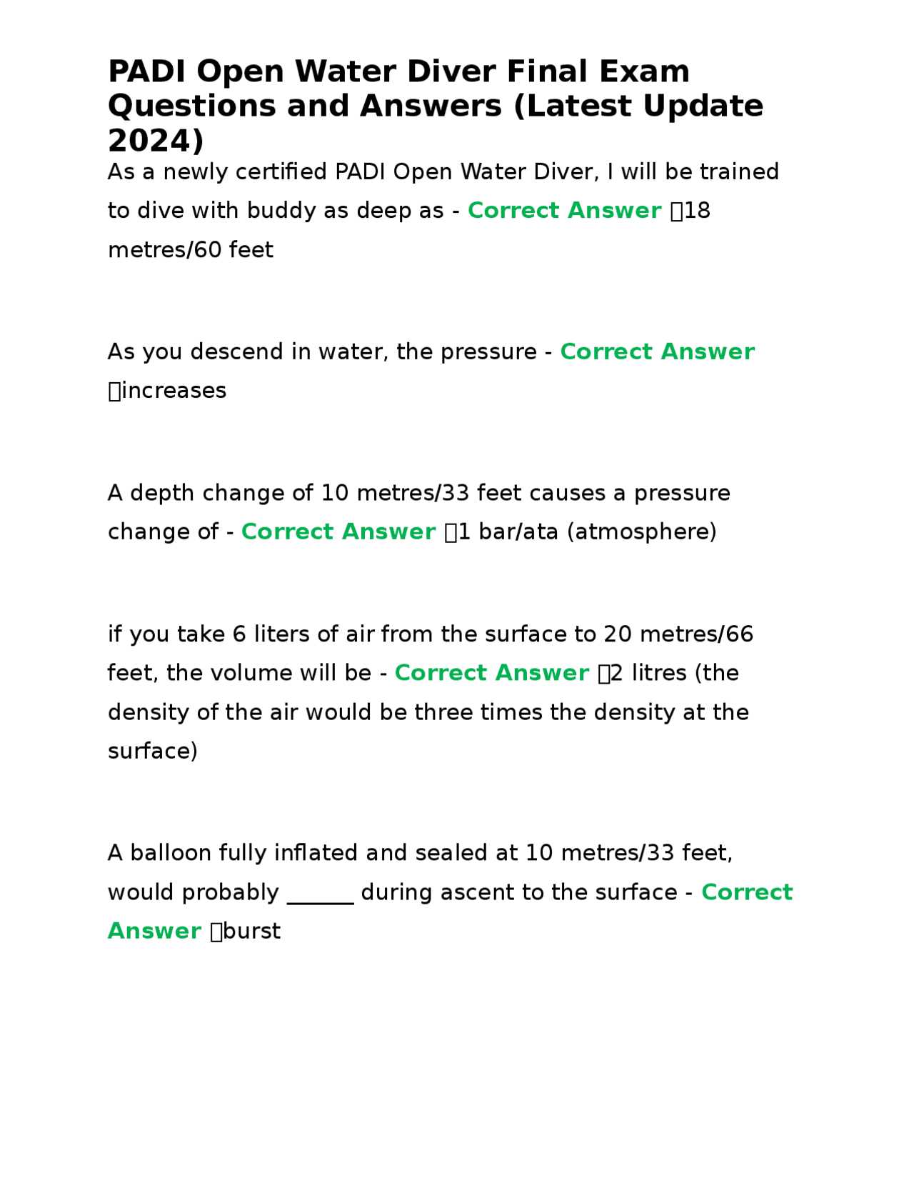 padi open water exam answers