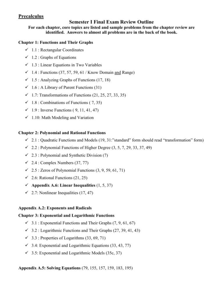 precalculus semester 1 final exam review answers