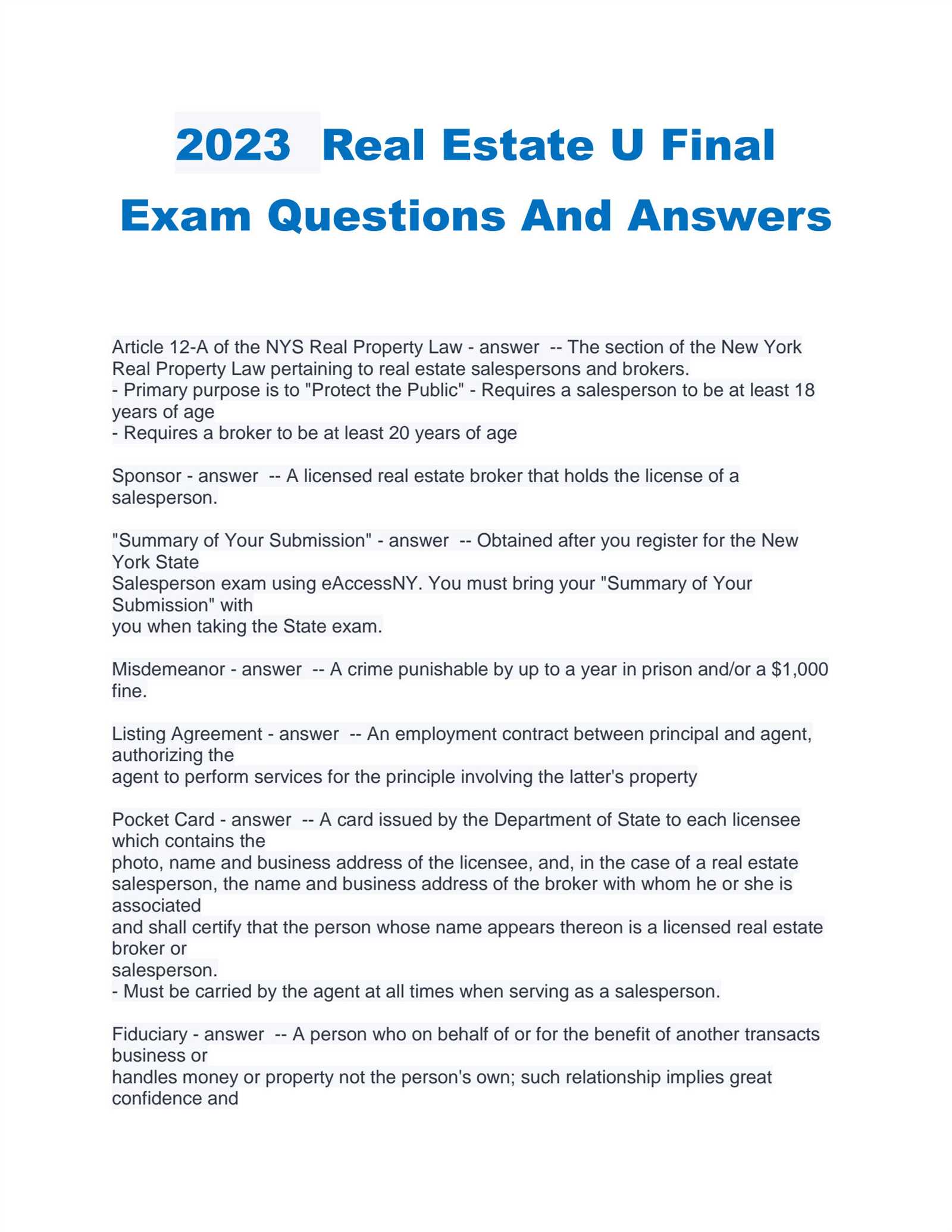 property exam questions and answers