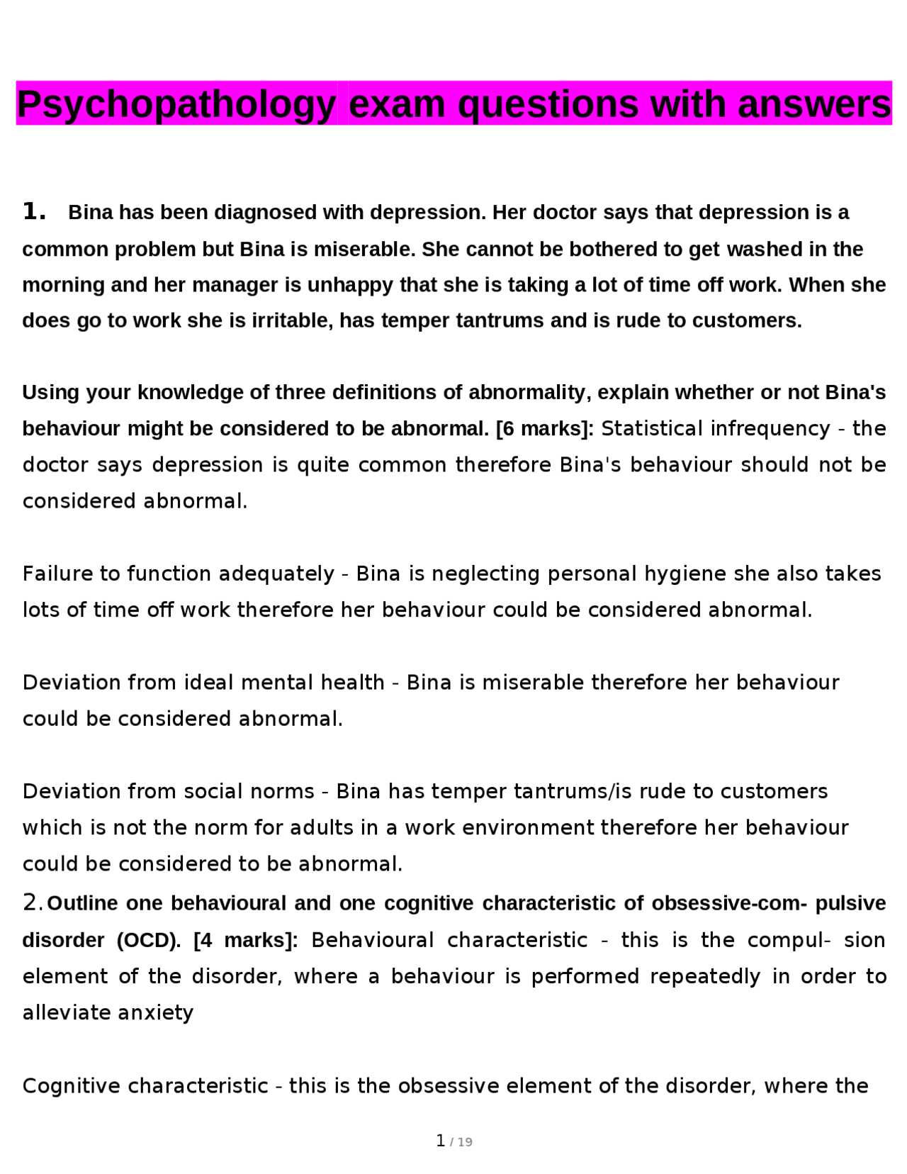 psychopathology exam questions and answers