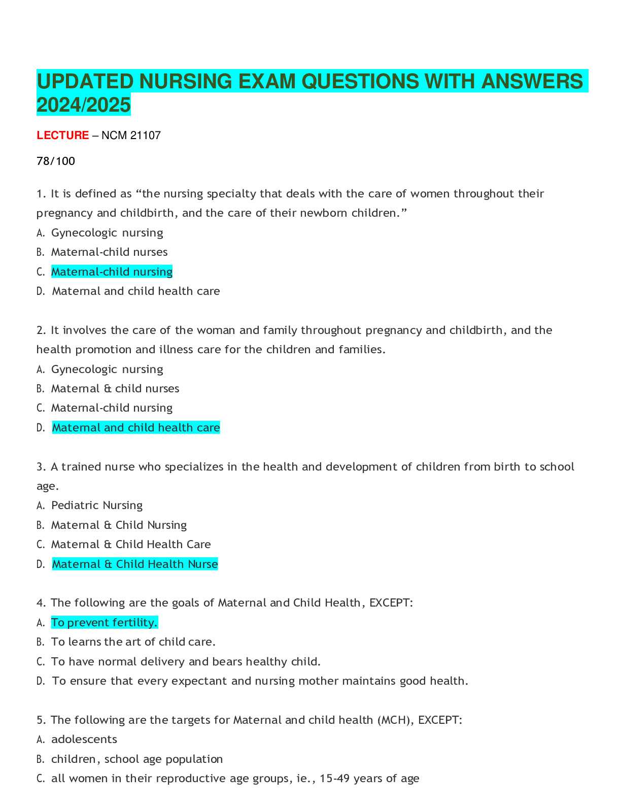 question and answer nursing exam