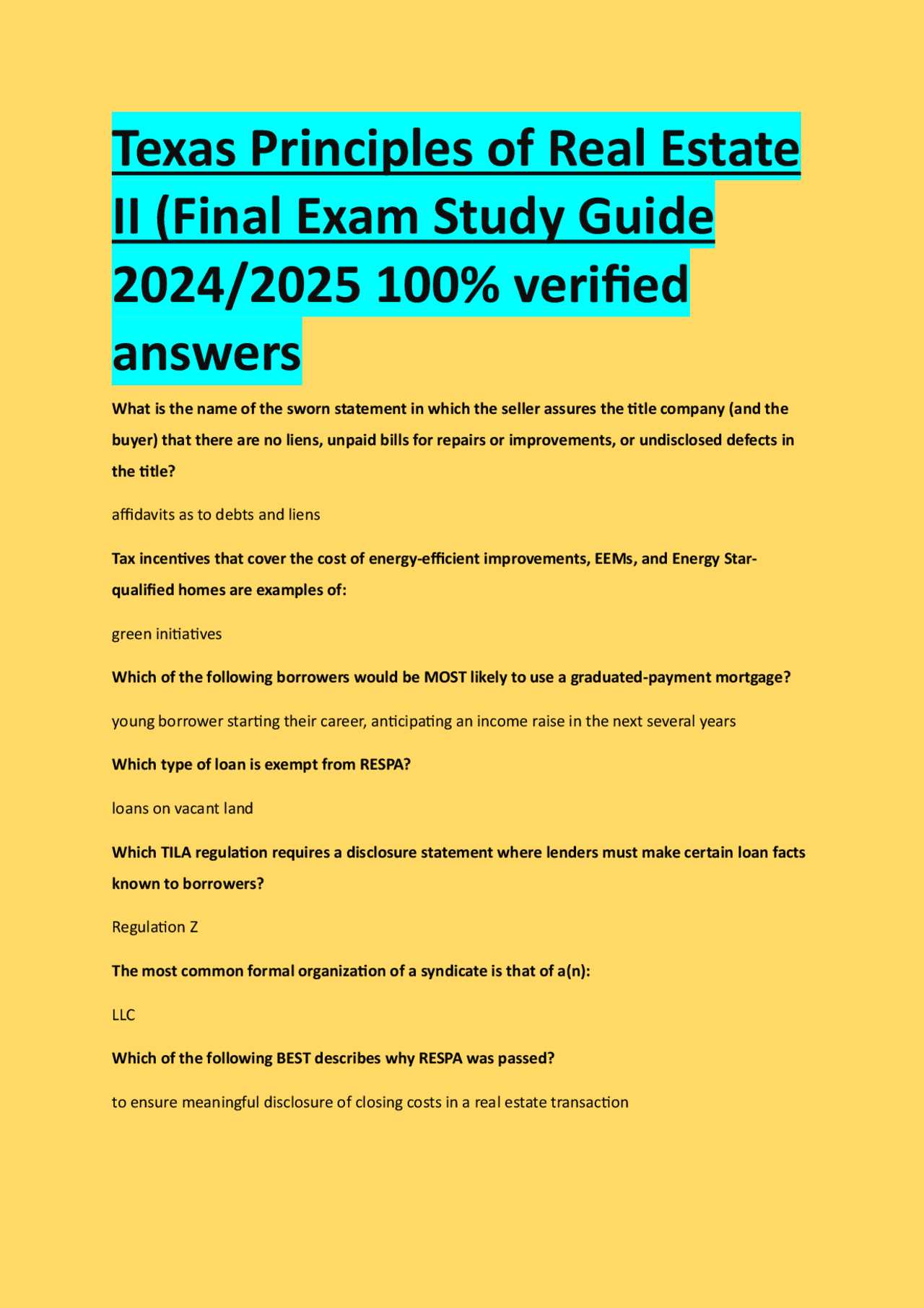 real estate principles final exam answers