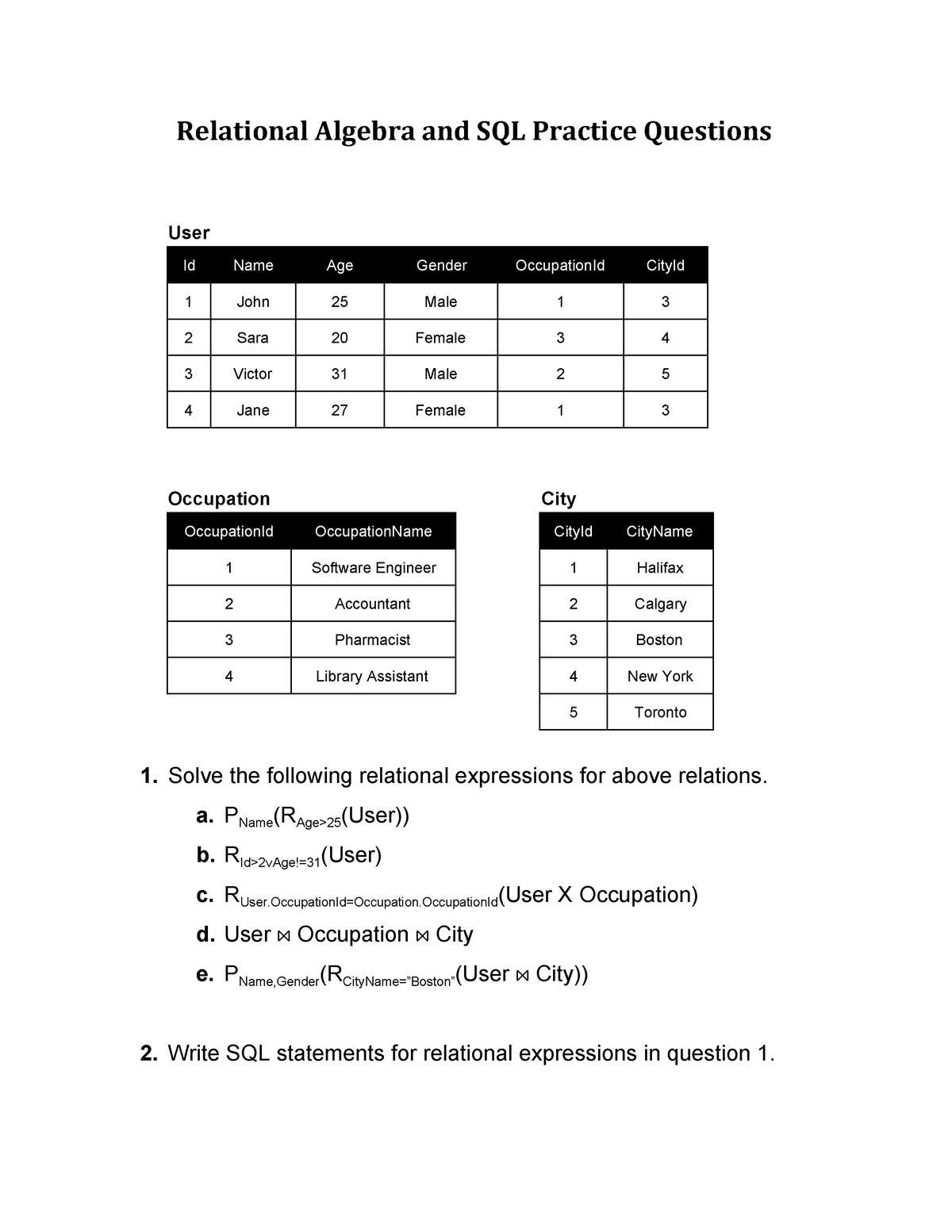 relational algebra exam questions and answers