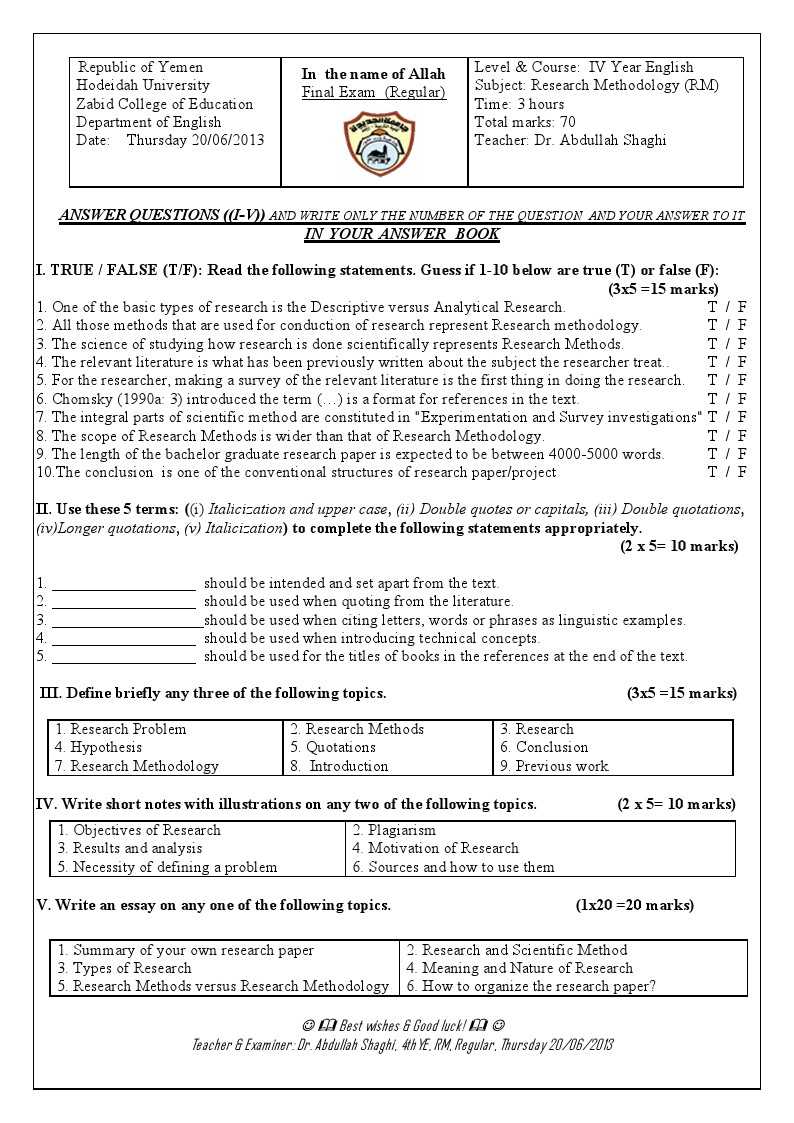 research methodology final exam questions and answers doc