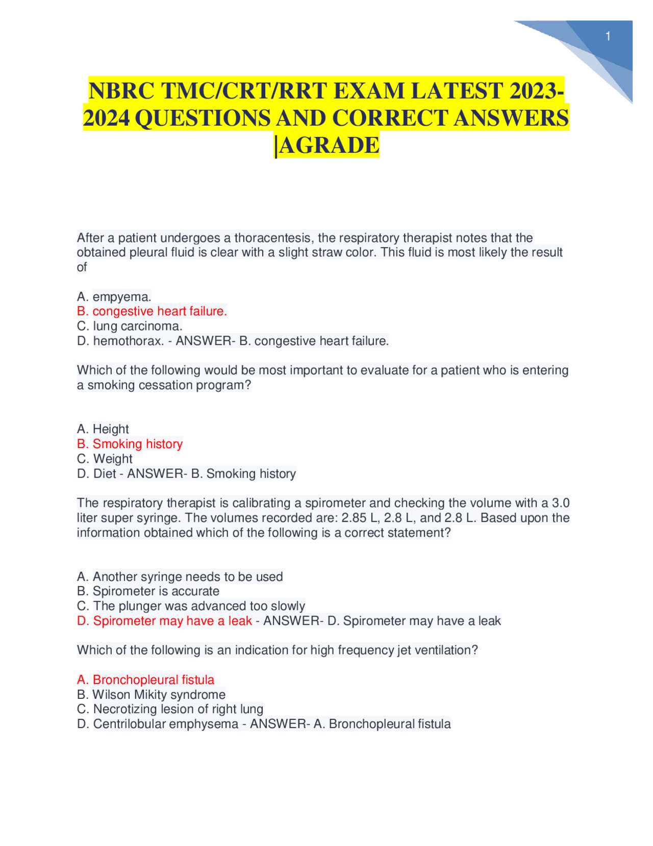 respiratory therapy exam a v1 answers