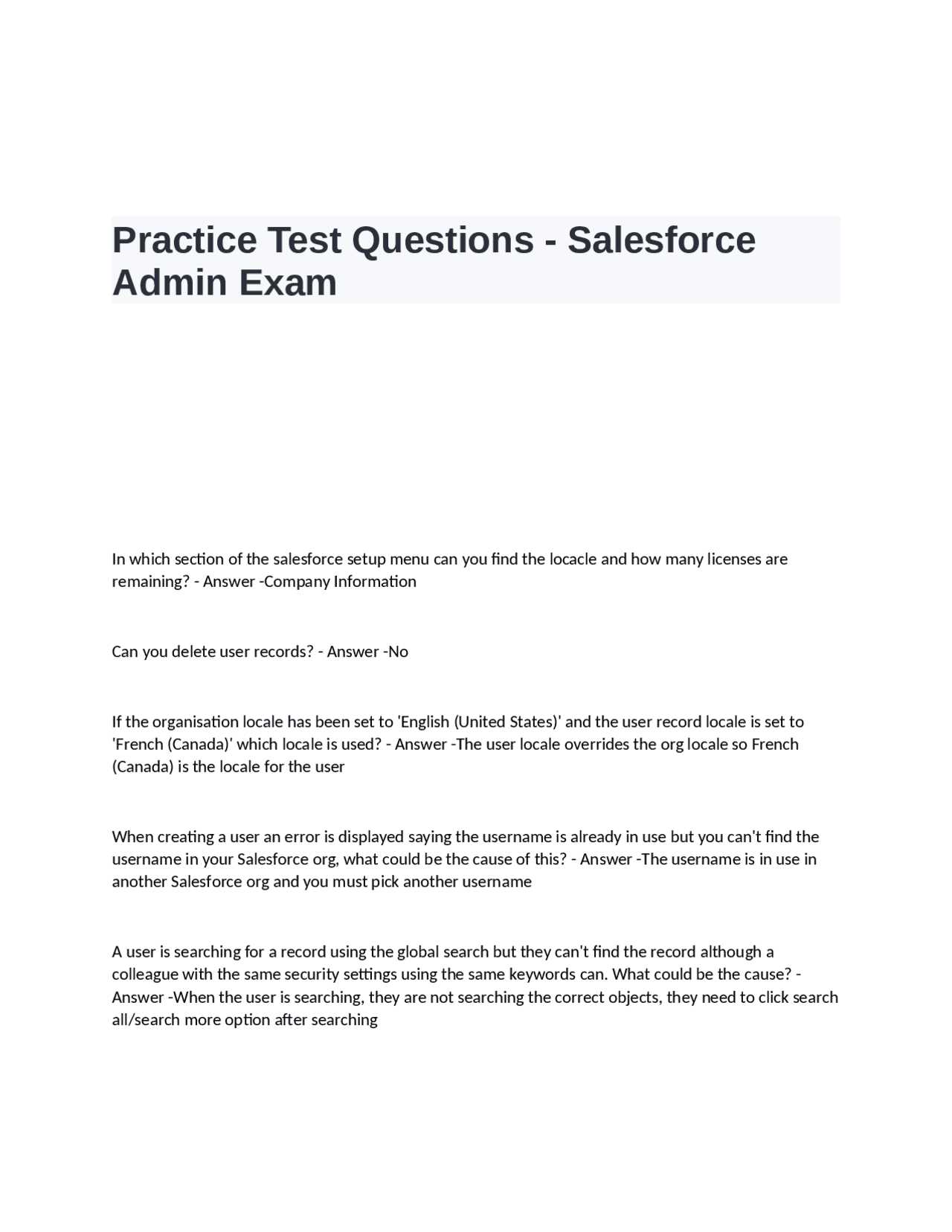 salesforce admin exam answers