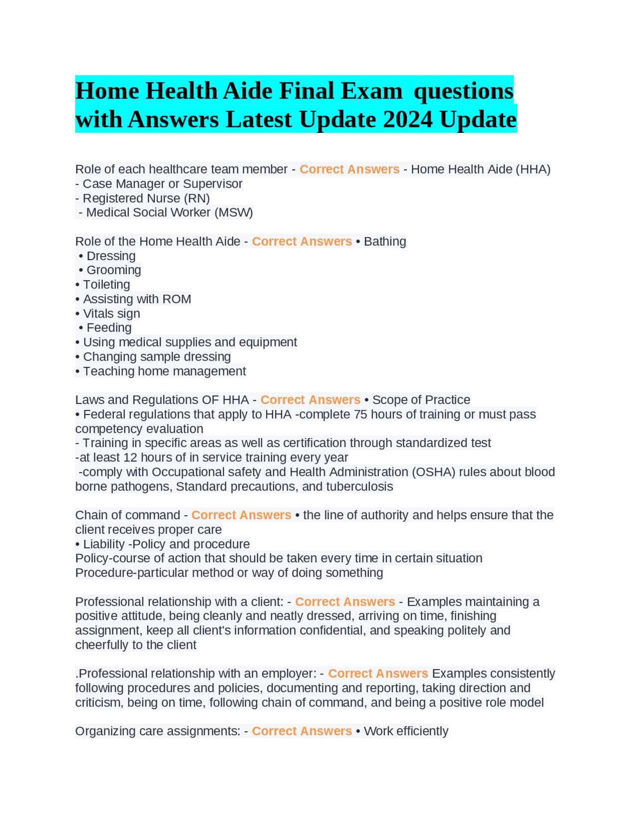 service plans for assisted living facilities exam answers