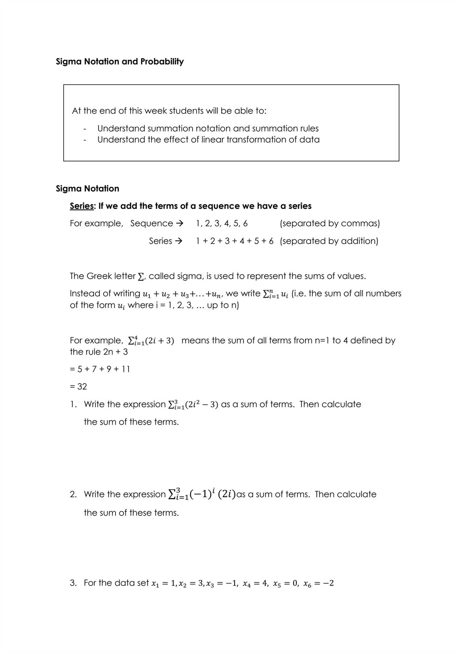 sigma notation worksheet answers