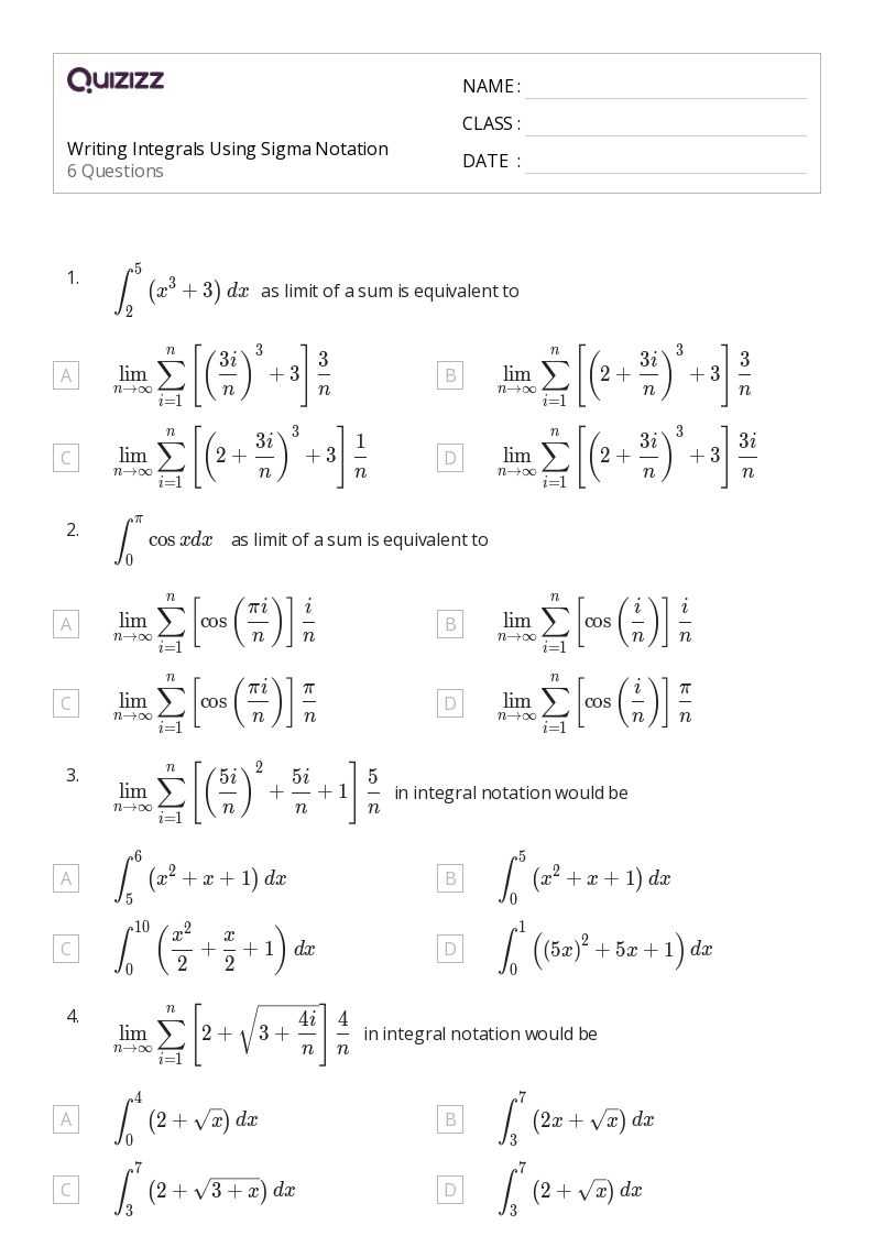 sigma notation worksheet answers