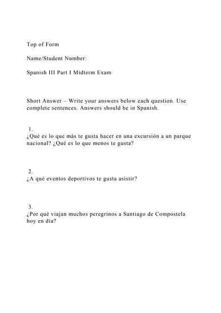 spanish 3 midterm exam answers