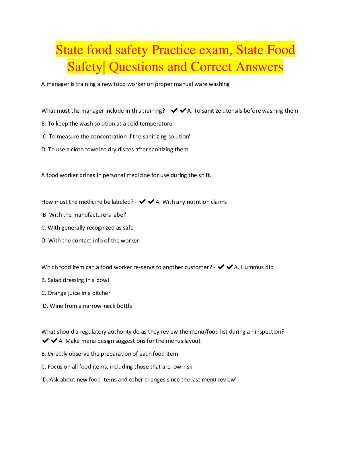 state food safety final exam answers