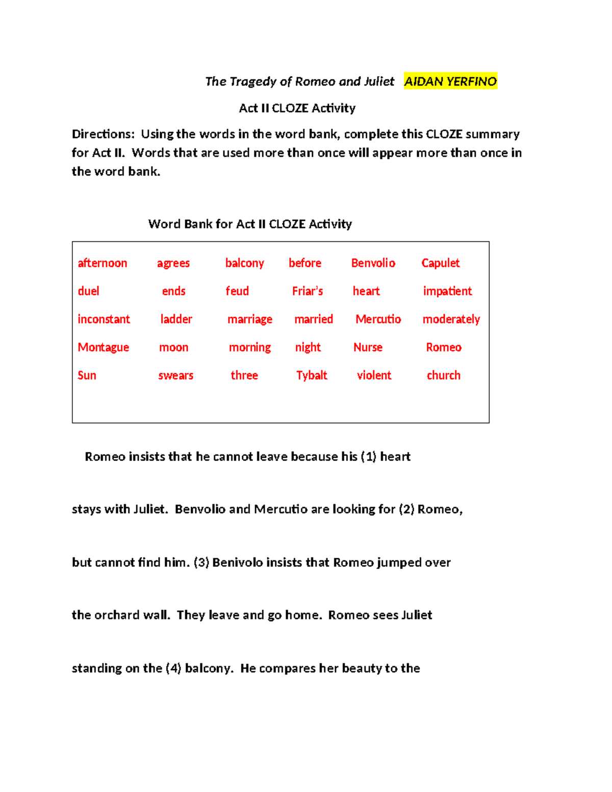 the tragedy of romeo and juliet act 1 worksheet answers