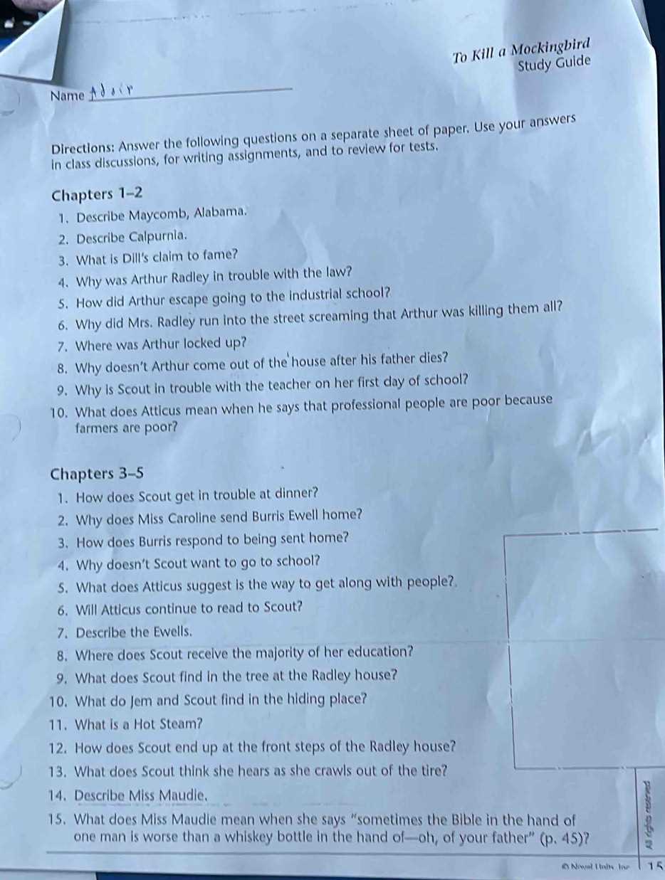 to kill a mockingbird exam answers