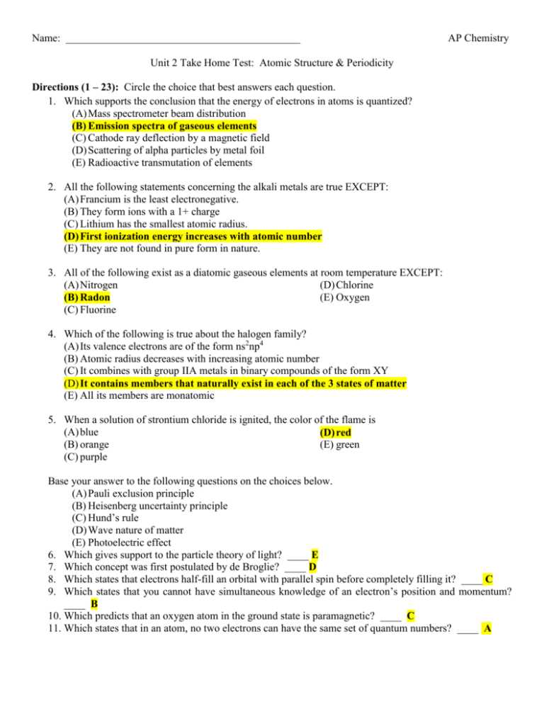 unit 2 exam review chemistry answer key