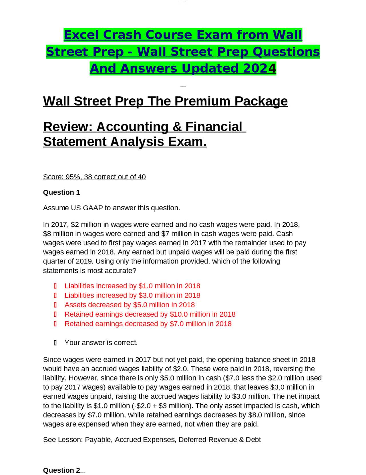 wall street prep excel crash course exam answers