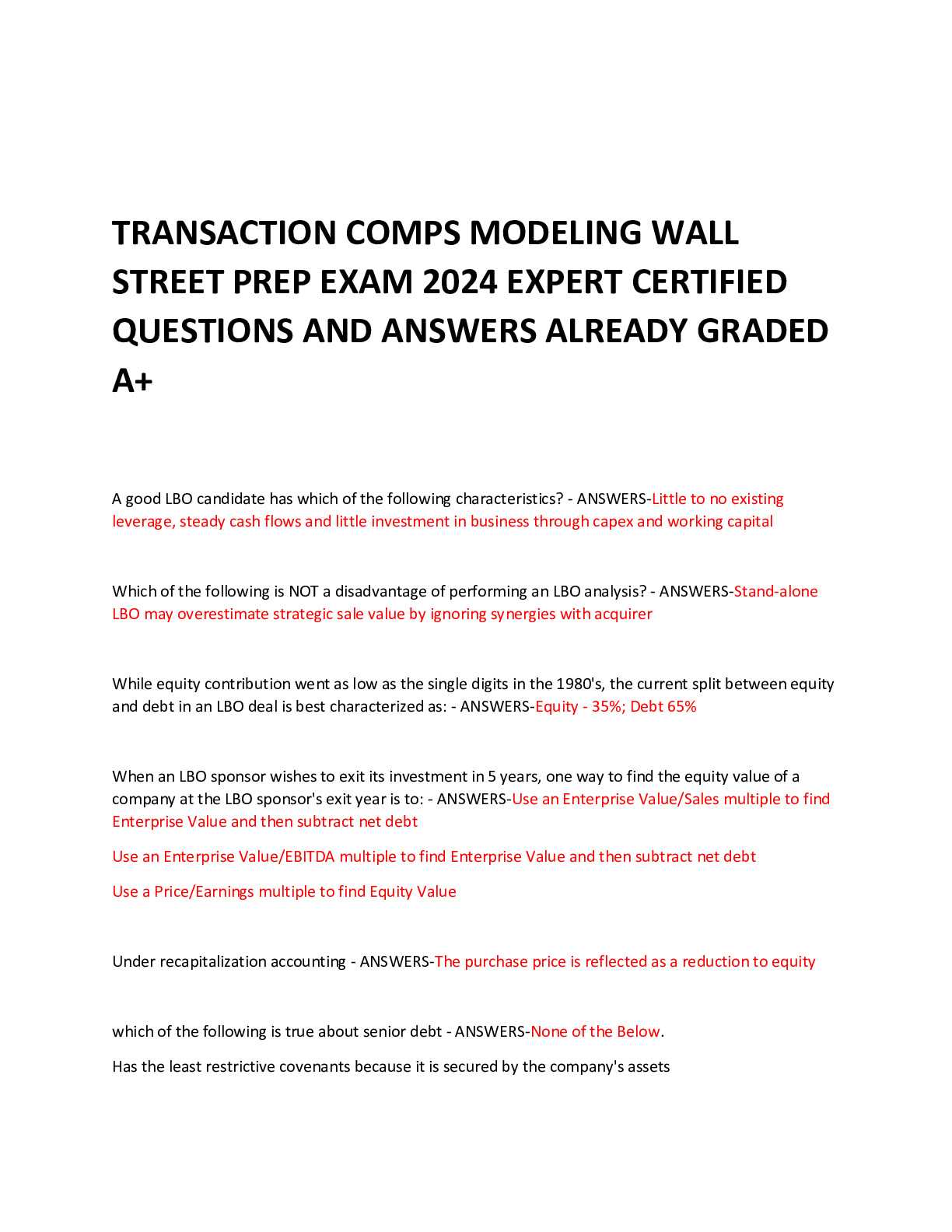 wall street prep lbo modeling exam answers