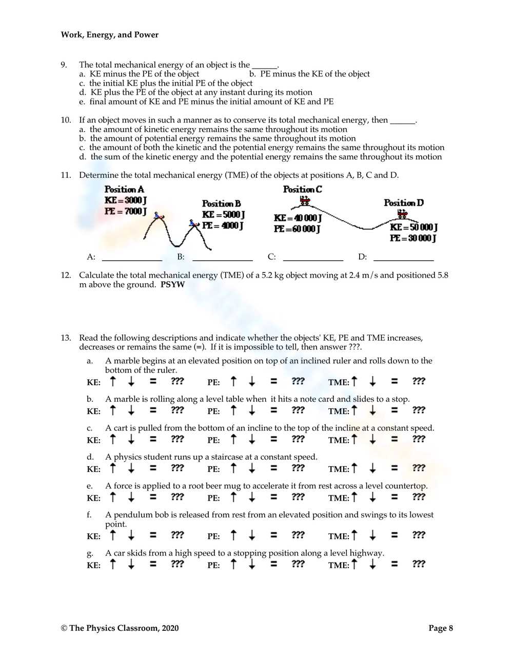 work energy calculations the physics classroom answers