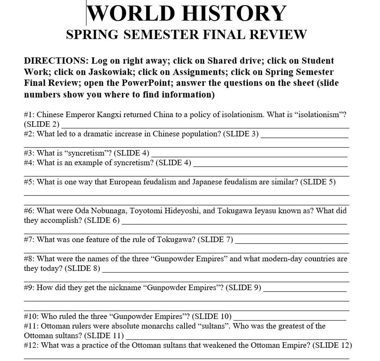 world history final exam study guide answer key