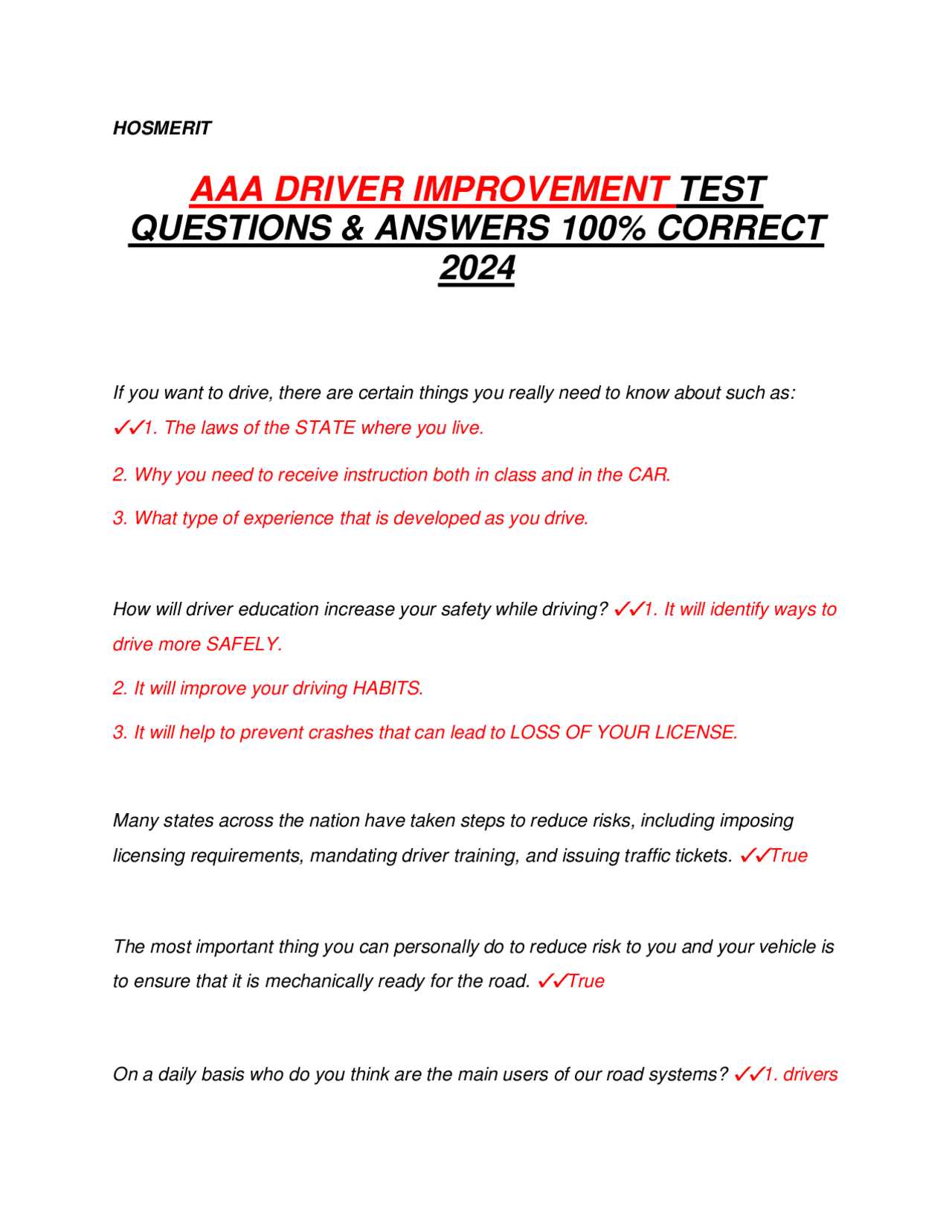 aaa driver improvement final exam answers