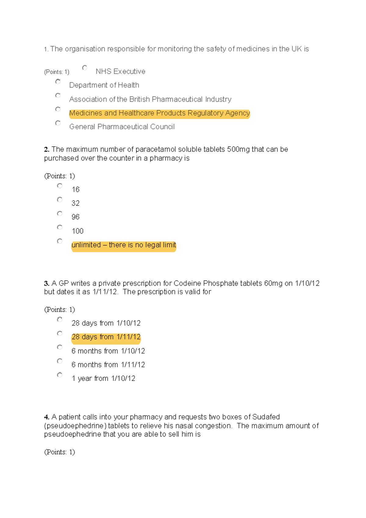 pharmacy exam questions