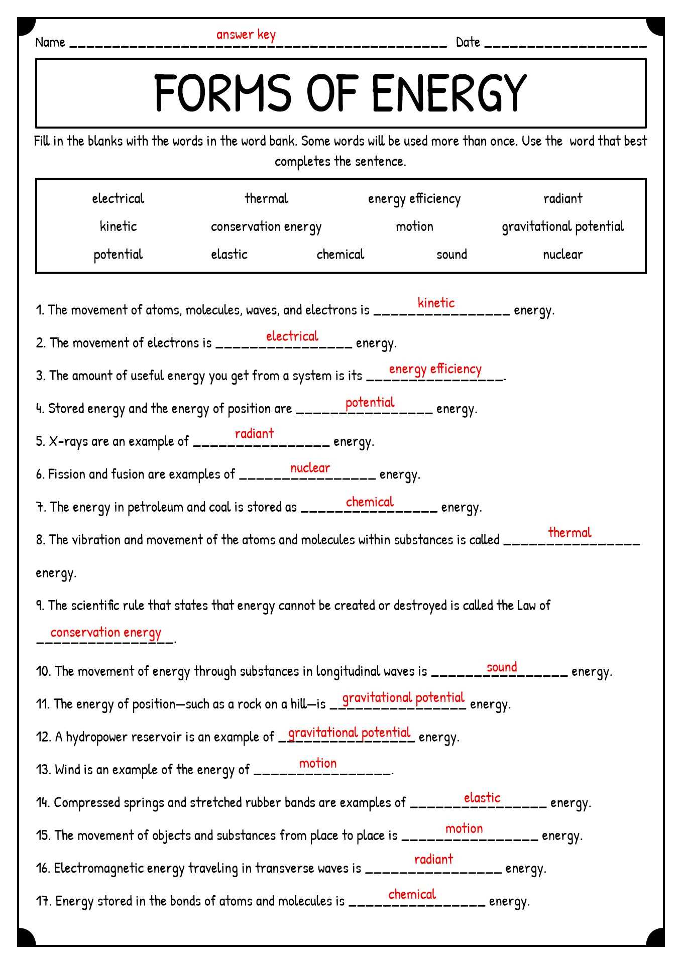 energy concepts worksheet answers