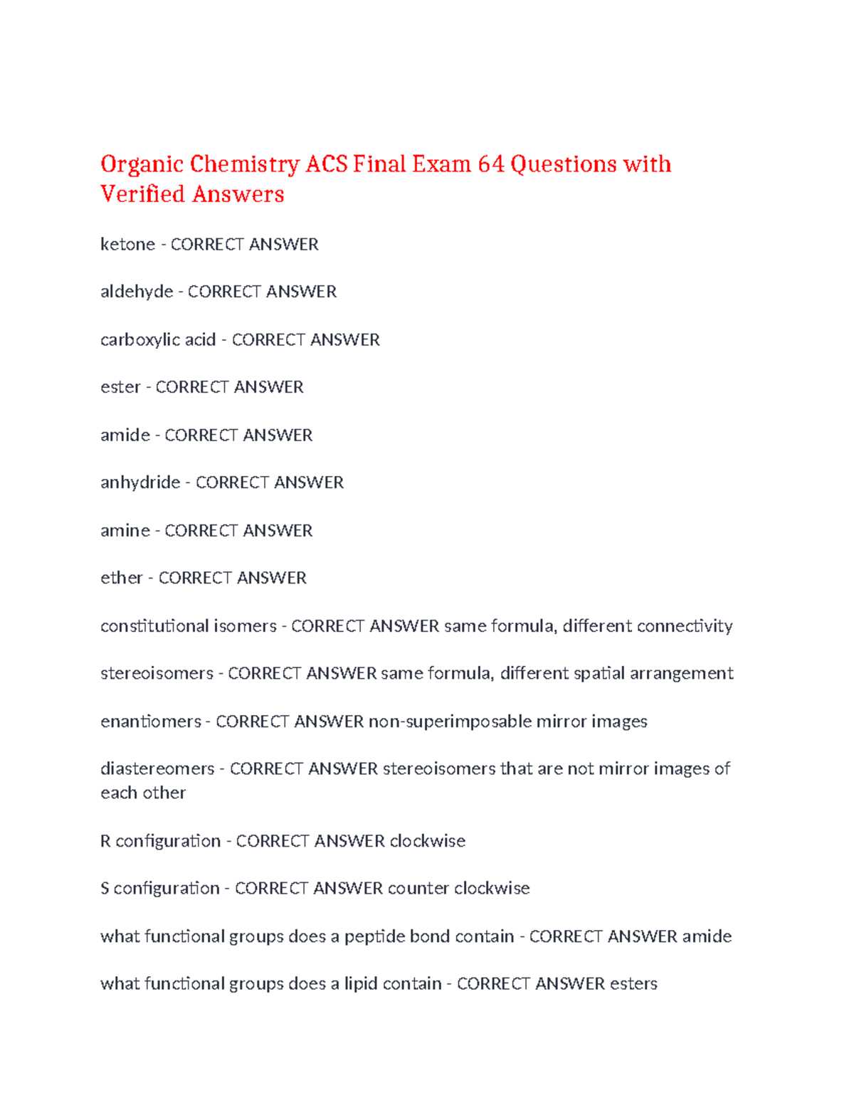 acs organic chemistry exam 2025 answer key