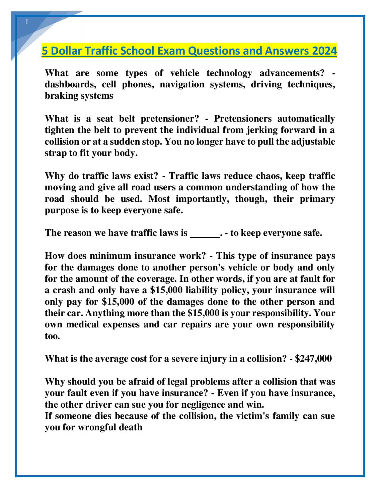 traffic school online final exam answers