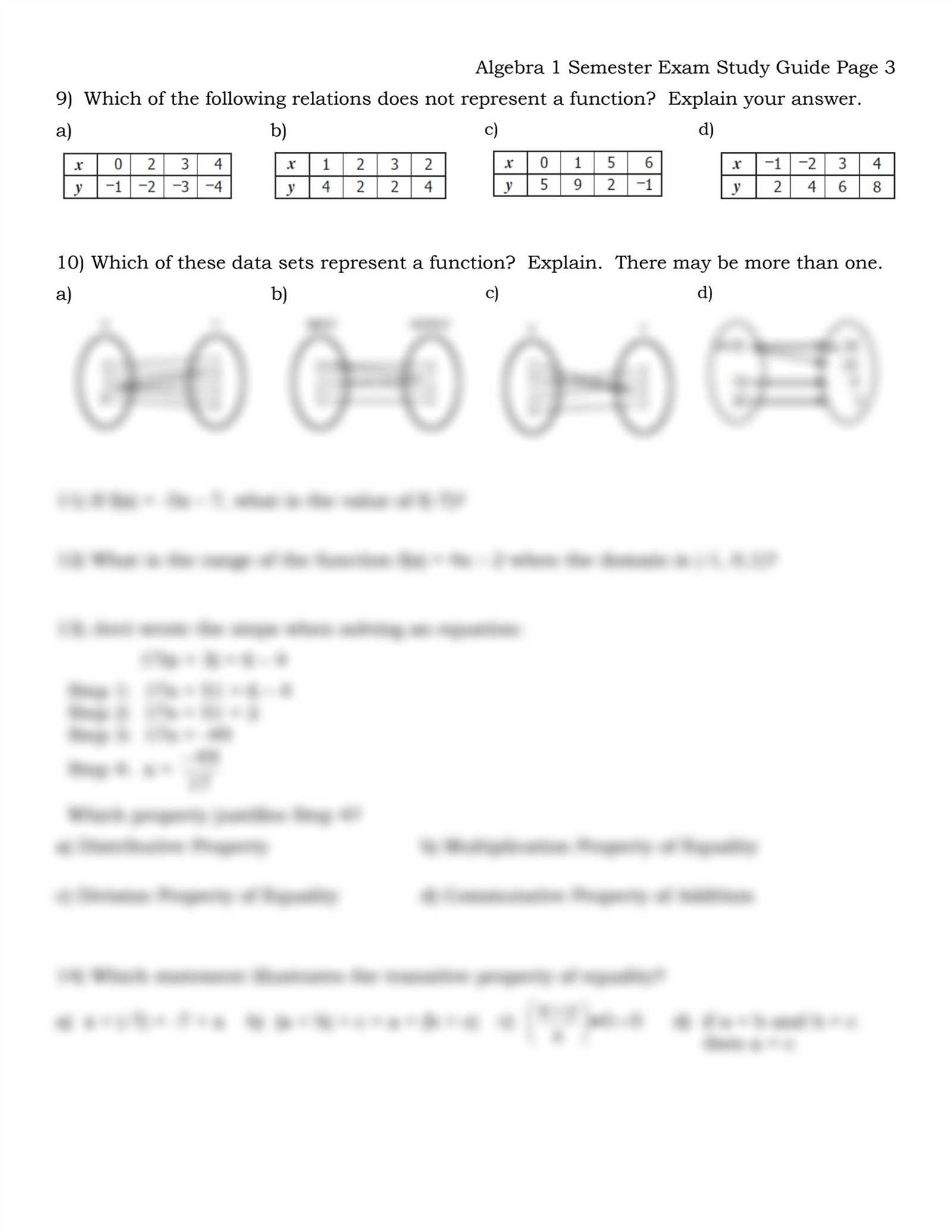 algebra 1 semester 1 exam review answers