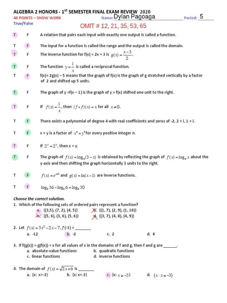 algebra 2 final exam answers