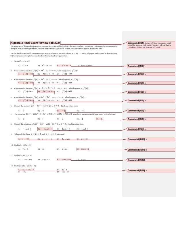 algebra 2 final exam multiple choice answers